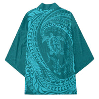 Hawaiian Turtle and Shark Kimono Kakau Tribal with Polynesian Pattern Turquoise Color