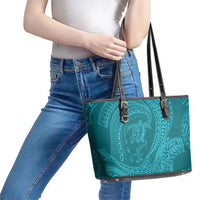 Hawaiian Turtle and Shark Leather Tote Bag Kakau Tribal with Polynesian Pattern Turquoise Color