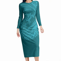 Hawaiian Turtle and Shark Long Sleeve Bodycon Dress Kakau Tribal with Polynesian Pattern Turquoise Color