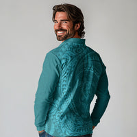 Hawaiian Turtle and Shark Long Sleeve Polo Shirt Kakau Tribal with Polynesian Pattern Turquoise Color