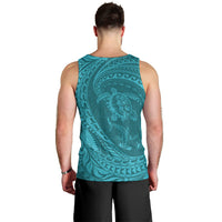 Hawaiian Turtle and Shark Men Tank Top Kakau Tribal with Polynesian Pattern Turquoise Color