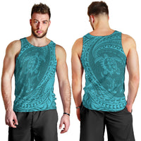 Hawaiian Turtle and Shark Men Tank Top Kakau Tribal with Polynesian Pattern Turquoise Color