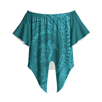 Hawaiian Turtle and Shark Off Shoulder Wrap Waist Top Kakau Tribal with Polynesian Pattern Turquoise Color