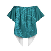 Hawaiian Turtle and Shark Off Shoulder Wrap Waist Top Kakau Tribal with Polynesian Pattern Turquoise Color