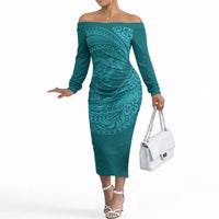 Hawaiian Turtle and Shark Off The Shoulder Long Sleeve Dress Kakau Tribal with Polynesian Pattern Turquoise Color