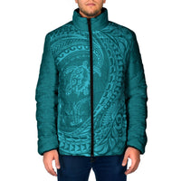 Hawaiian Turtle and Shark Padded Jacket Kakau Tribal with Polynesian Pattern Turquoise Color