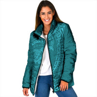 Hawaiian Turtle and Shark Padded Jacket Kakau Tribal with Polynesian Pattern Turquoise Color