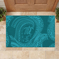 Hawaiian Turtle and Shark Rubber Doormat Kakau Tribal with Polynesian Pattern Turquoise Color