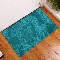 Hawaiian Turtle and Shark Rubber Doormat Kakau Tribal with Polynesian Pattern Turquoise Color