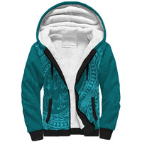 Hawaiian Turtle and Shark Sherpa Hoodie Kakau Tribal with Polynesian Pattern Turquoise Color