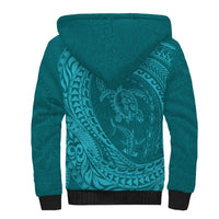 Hawaiian Turtle and Shark Sherpa Hoodie Kakau Tribal with Polynesian Pattern Turquoise Color