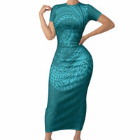 Hawaiian Turtle and Shark Short Sleeve Bodycon Dress Kakau Tribal with Polynesian Pattern Turquoise Color