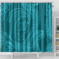 Hawaiian Turtle and Shark Shower Curtain Kakau Tribal with Polynesian Pattern Turquoise Color