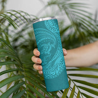 Hawaiian Turtle and Shark Skinny Tumbler Kakau Tribal with Polynesian Pattern Turquoise Color