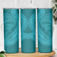 Hawaiian Turtle and Shark Skinny Tumbler Kakau Tribal with Polynesian Pattern Turquoise Color