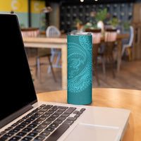 Hawaiian Turtle and Shark Skinny Tumbler Kakau Tribal with Polynesian Pattern Turquoise Color