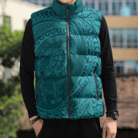 Hawaiian Turtle and Shark Sleeveless Puffer Jacket Kakau Tribal with Polynesian Pattern Turquoise Color