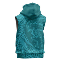 Hawaiian Turtle and Shark Sleeveless Zip Hoodie Kakau Tribal with Polynesian Pattern Turquoise Color