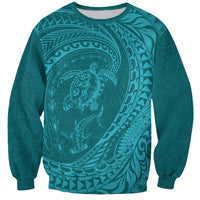 Hawaiian Turtle and Shark Sweatshirt Kakau Tribal with Polynesian Pattern Turquoise Color