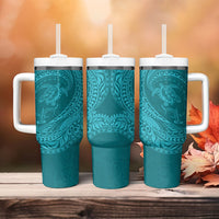 Hawaiian Turtle and Shark Tumbler With Handle Kakau Tribal with Polynesian Pattern Turquoise Color