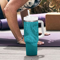 Hawaiian Turtle and Shark Tumbler With Handle Kakau Tribal with Polynesian Pattern Turquoise Color