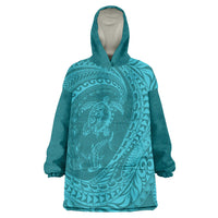 Hawaiian Turtle and Shark Wearable Blanket Hoodie Kakau Tribal with Polynesian Pattern Turquoise Color