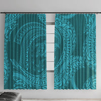 Hawaiian Turtle and Shark Window Curtain Kakau Tribal with Polynesian Pattern Turquoise Color