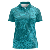 Hawaiian Turtle and Shark Women Polo Shirt Kakau Tribal with Polynesian Pattern Turquoise Color