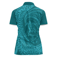 Hawaiian Turtle and Shark Women Polo Shirt Kakau Tribal with Polynesian Pattern Turquoise Color