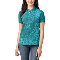 Hawaiian Turtle and Shark Women Polo Shirt Kakau Tribal with Polynesian Pattern Turquoise Color