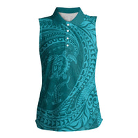 Hawaiian Turtle and Shark Women Sleeveless Polo Shirt Kakau Tribal with Polynesian Pattern Turquoise Color