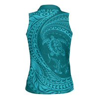 Hawaiian Turtle and Shark Women Sleeveless Polo Shirt Kakau Tribal with Polynesian Pattern Turquoise Color
