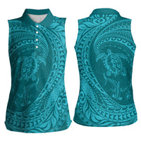 Hawaiian Turtle and Shark Women Sleeveless Polo Shirt Kakau Tribal with Polynesian Pattern Turquoise Color