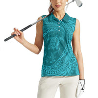 Hawaiian Turtle and Shark Women Sleeveless Polo Shirt Kakau Tribal with Polynesian Pattern Turquoise Color