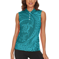 Hawaiian Turtle and Shark Women Sleeveless Polo Shirt Kakau Tribal with Polynesian Pattern Turquoise Color