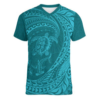 Hawaiian Turtle and Shark Women V-Neck T-Shirt Kakau Tribal with Polynesian Pattern Turquoise Color