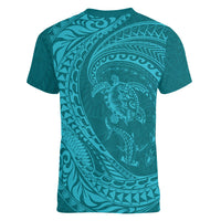 Hawaiian Turtle and Shark Women V-Neck T-Shirt Kakau Tribal with Polynesian Pattern Turquoise Color