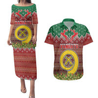 Vanuatu Christmas Couples Matching Puletasi Dress and Hawaiian Shirt Pig Tusk Beautiful Merry Xmas Snowflake LT03 Red - Polynesian Pride