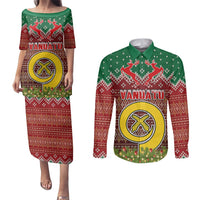 Vanuatu Christmas Couples Matching Puletasi Dress and Long Sleeve Button Shirts Pig Tusk Beautiful Merry Xmas Snowflake LT03 Red - Polynesian Pride