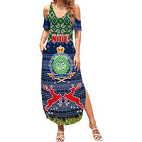 Personalised Niue Christmas Family Matching Summer Maxi Dress and Hawaiian Shirt Coat of Arms and Map Beautiful Merry Xmas Snowflake LT03 Daughter's Dress Blue - Polynesian Pride
