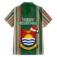 Kiribati Christmas Family Matching Off Shoulder Long Sleeve Dress and Hawaiian Shirt Santa With Gift Bag Behind Ribbons Seamless Green Maori LT03 - Polynesian Pride