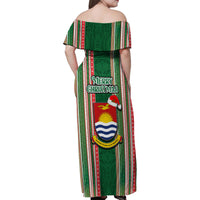 Kiribati Christmas Family Matching Off Shoulder Maxi Dress and Hawaiian Shirt Santa With Gift Bag Behind Ribbons Seamless Green Maori LT03 - Polynesian Pride