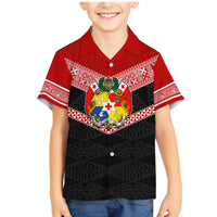 Personalised Tonga Family Matching Mermaid Dress and Hawaiian Shirt Tonga Coat of Arms with Seamless Tapa Ngatu Pattern LT03 Son's Shirt Black - Polynesian Pride