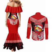 Tonga Christmas Couples Matching Mermaid Dress and Long Sleeve Button Shirts Tongan Coat of Arms Santa With Ngatu Pattern Christmas Red Style LT03 - Polynesian Pride