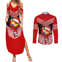 Tonga Christmas Couples Matching Summer Maxi Dress and Long Sleeve Button Shirts Tongan Coat of Arms Santa With Ngatu Pattern Christmas Red Style LT03 Red - Polynesian Pride