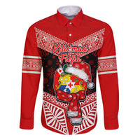 Personalised Tonga Christmas Family Matching Tank Maxi Dress and Hawaiian Shirt Tongan Coat of Arms Santa With Ngatu Pattern Christmas Red Style LT03 Dad's Shirt - Long Sleeve Red - Polynesian Pride