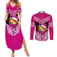 Tonga Christmas Couples Matching Summer Maxi Dress and Long Sleeve Button Shirts Tongan Coat of Arms Santa With Ngatu Pattern Christmas Pink Style LT03 Pink - Polynesian Pride