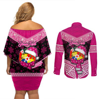 Personalised Tonga Christmas Couples Matching Off Shoulder Short Dress and Long Sleeve Button Shirts Tongan Coat of Arms Santa With Ngatu Pattern Christmas Pink Style LT03 - Polynesian Pride