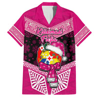 Personalised Tonga Christmas Family Matching Off Shoulder Long Sleeve Dress and Hawaiian Shirt Tongan Coat of Arms Santa With Ngatu Pattern Christmas Pink Style LT03 Dad's Shirt - Short Sleeve Pink - Polynesian Pride