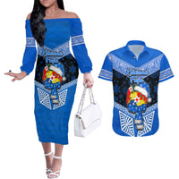 Tonga Christmas Couples Matching Off The Shoulder Long Sleeve Dress and Hawaiian Shirt Tongan Coat of Arms Santa With Ngatu Pattern Christmas Blue Style LT03 Blue - Polynesian Pride